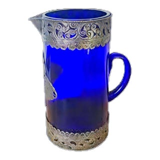 Mid-Century Silver-Toned Filigree Cobalt Blue Glass Pitcher For Sale