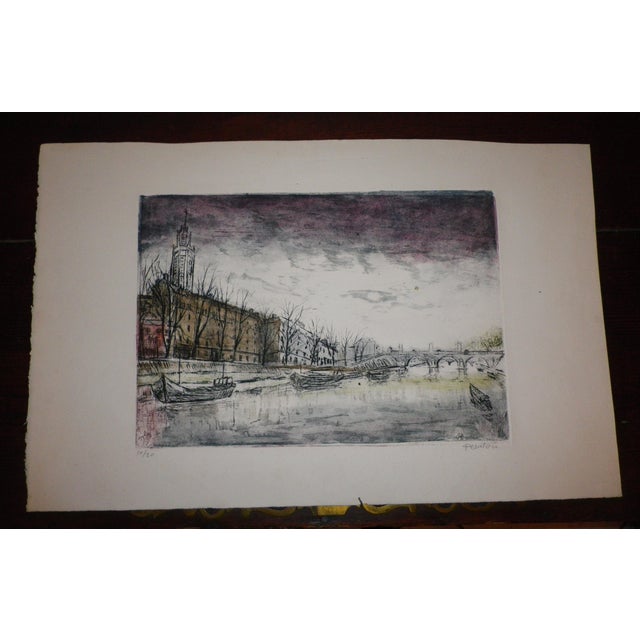 Elie Pesatori, Italian painter (1923-2000) Etching, engraving of a city by the water, probably Paris. The plate bears the...