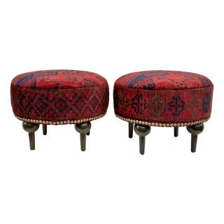 Pair Gorgeous Ottomans / Stools Upholstered in Vintage Persian Rug For Sale