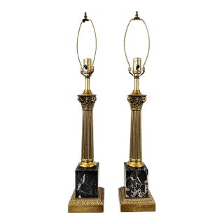 1960s Louis XVI Style Neoclassical Brass Column Lamps With Black Marble Bases – Architectural Statement Lighting - a Pair For Sale