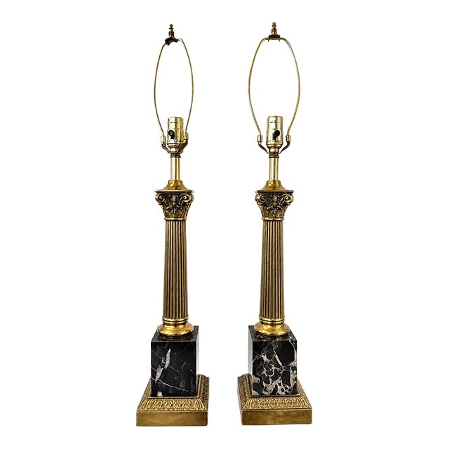 1960s Louis XVI Style Neoclassical Brass Column Lamps With Black Marble Bases – Architectural Statement Lighting - a Pair For Sale