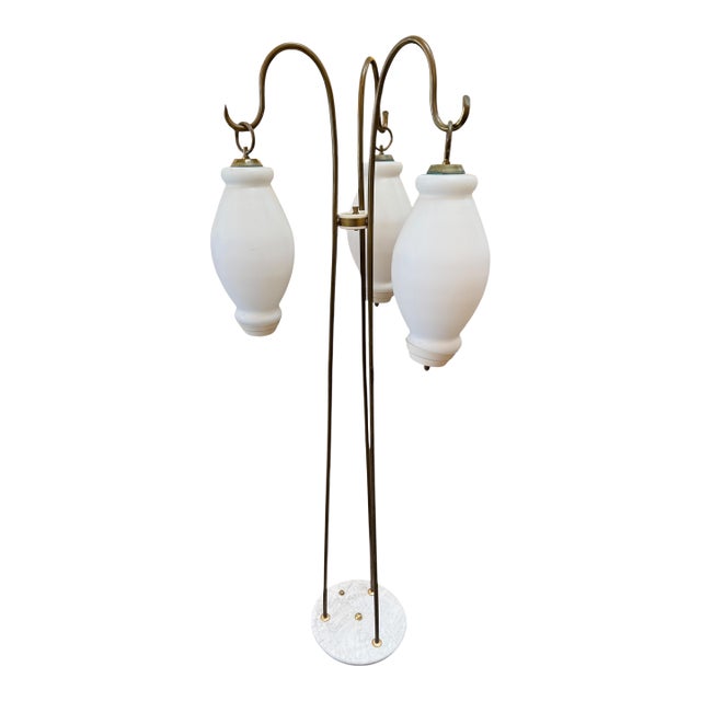 Floor Lamp With Tripod Arms and Opaline Glass Shades, 1950s For Sale