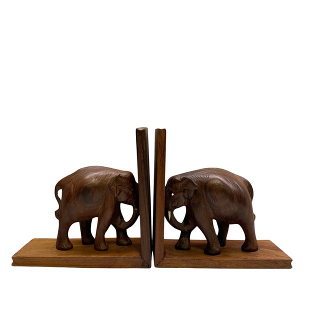 Vintage Hand-Carved Wooden Elephant Bookends, 1970s For Sale - Image 4 of 5