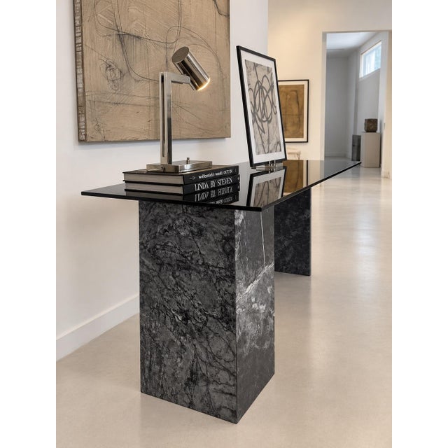 Contemporary Vintage Marble & Smoke Grey Glass Desk — One-of-a-Kind Studio Design For Sale - Image 3 of 6