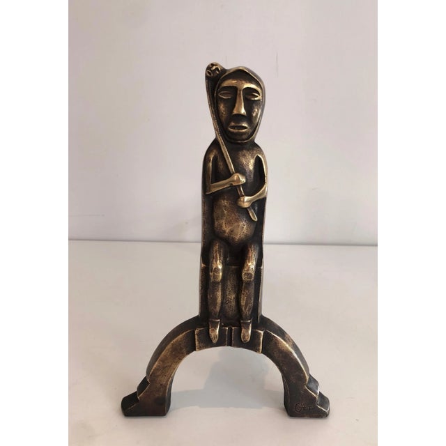Bronze Andirons with Seated Shamans, Monogramed by Anton Prinner - A Pair For Sale - Image 9 of 13