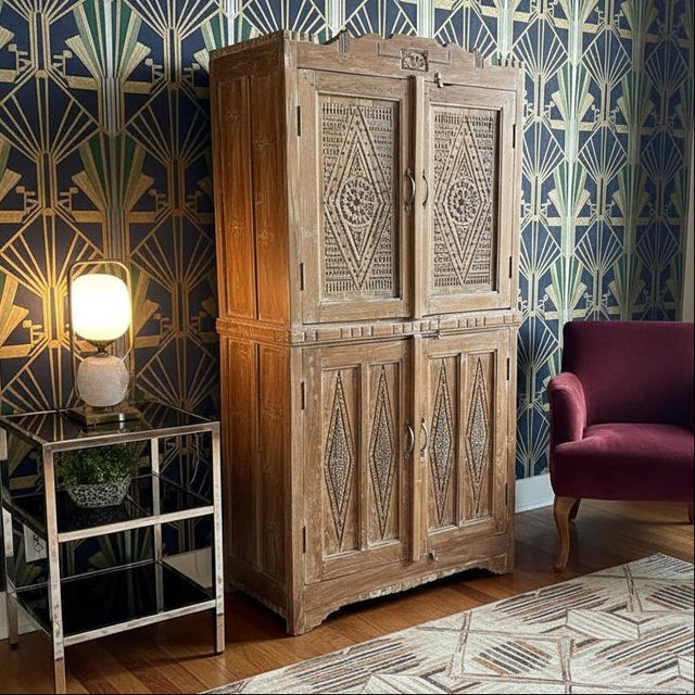 Antique Heritage Revival Armoire With Brass Studs – 4 Door Hand-Carved Cabinet 70x36 For Sale In Orlando - Image 6 of 7