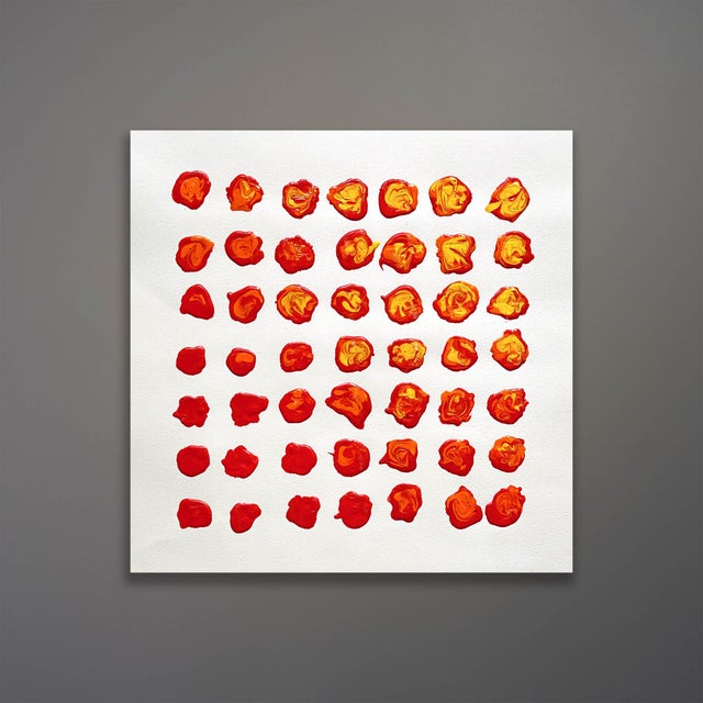 Red and yellow acrylic on Arches paper by Bruce J. Bloom. Circa early 2000s. It measures 20 × 20 inches as framed in matte...