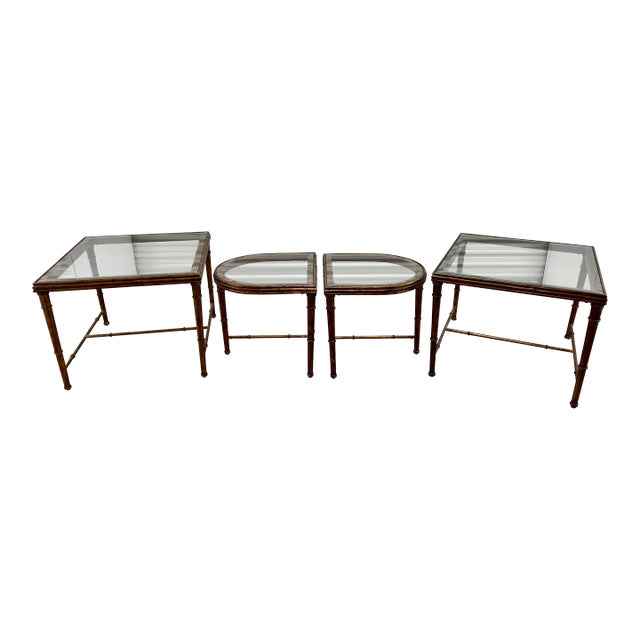 1970s Phyllis Morris Hollywood Regency Florentine Gold Gilt Iron and Beveled Glass End Table Set of 4 For Sale