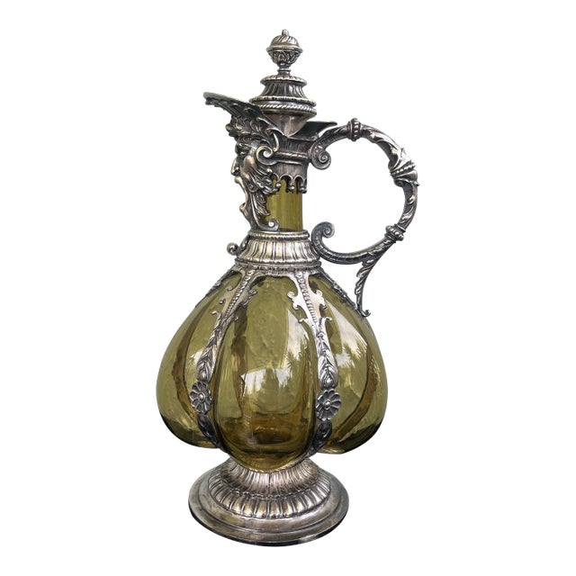 Late 19th Century Joseph Lichtiger Antique Germany Pewter/Handblown-Glass Decanter For Sale