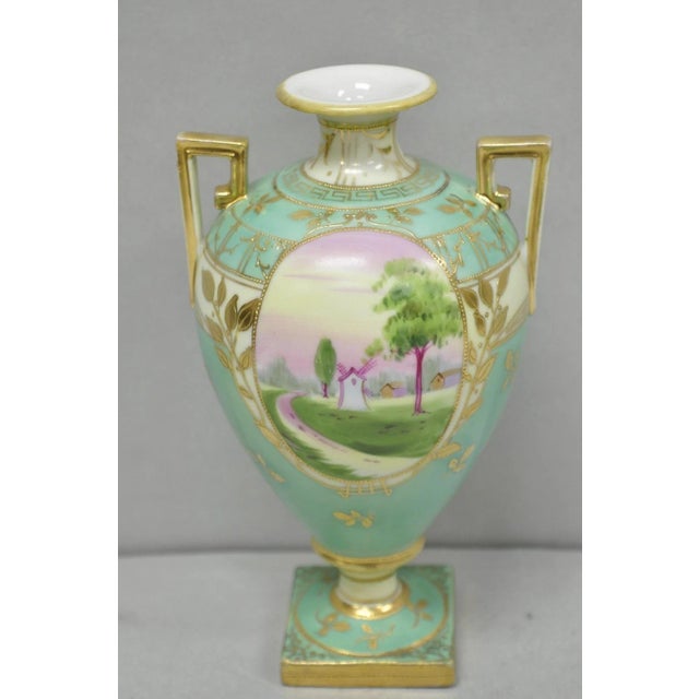 Antique Nippon Hand Painted Porcelain Windmill Scene Green Small Bolted Vase For Sale - Image 13 of 13