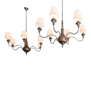 Brass Chandeliers With Shades - a Pair For Sale