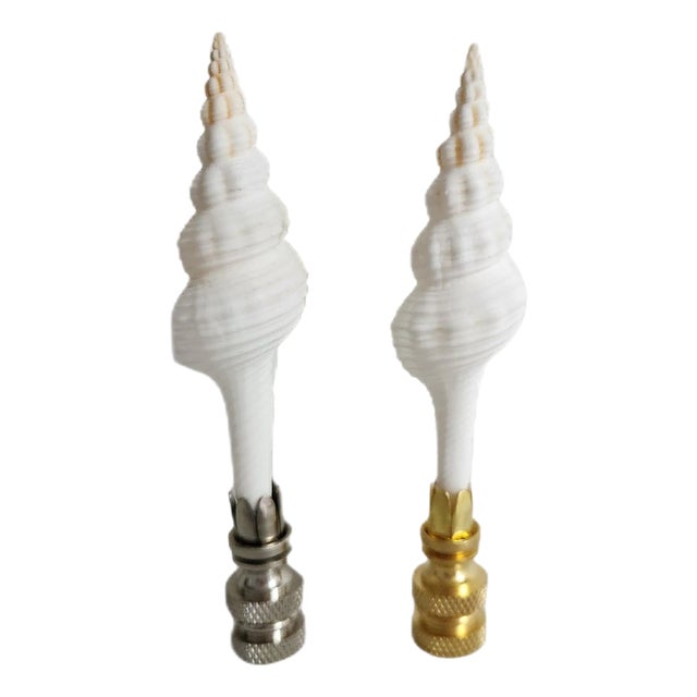 Pair of White Spindle Sea Shell Lamp Finials, Set of 2, Chrome Base For Sale