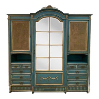 Oversized French Blue Mirrored Armoire With Shelves and Drawers Circa 1860s For Sale