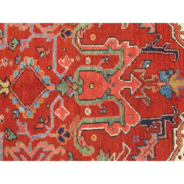 Antique Heriz Rug With Stylized Central Medallion Set on Tomato Red Field For Sale In Atlanta - Image 6 of 9