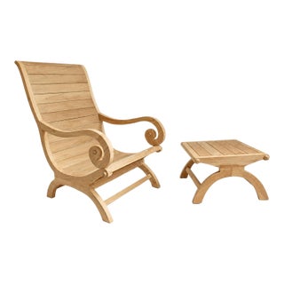 Outdoor Coastal Transitional Teak Scroll Arm Chair & Ottoman For Sale