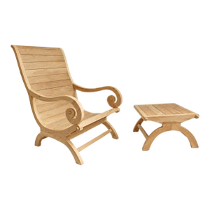 Outdoor Coastal Transitional Teak Scroll Arm Chair & Ottoman