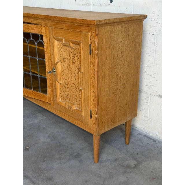 Vintage Danish Oak Sideboard Cabinet in Style of Henning, Brutalist Leaded Glass Credenza For Sale - Image 10 of 10