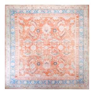 Stunning Peach Background With Palmette and Stiff Vinery Pattern Pattern Antique Indian Agra Rug