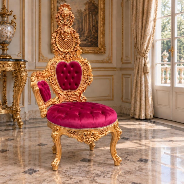 1970s Italian Artisan Baroque Gold Red Velvet Chairs-Pair For Sale - Image 9 of 11