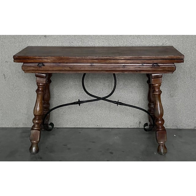 20th Century Spanish Console Fold Out Farm Table With Iron Stretcher For Sale - Image 4 of 11