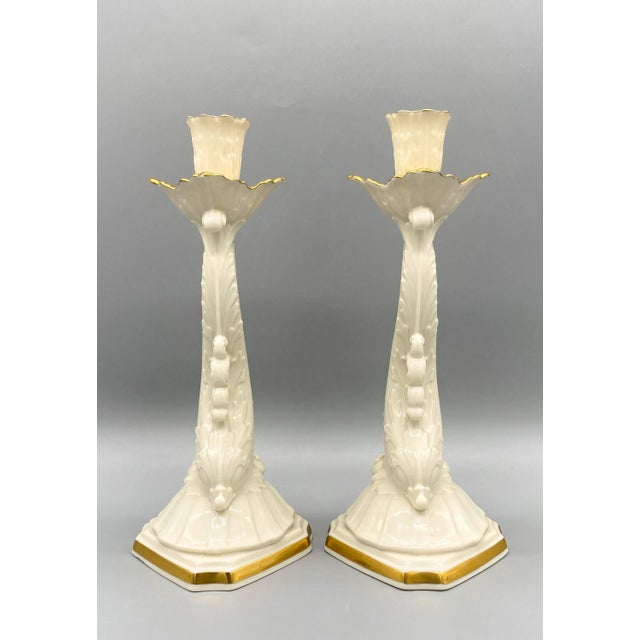 Metal 20th C. Lenox Cream & Gold Dolphin Candlesticks – A Pair – Coastal Glam For Sale - Image 7 of 13