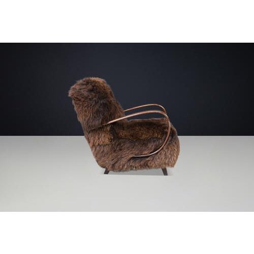 Wood Dutch Sheepskin and Bentwood Lounge Chair from Jindřich Halabala, 1940s For Sale - Image 7 of 13