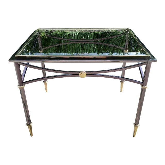 Vintage Design Institute of America Neoclassical Maison Jansen style brushed steel and brass, inset beveled glass top end,...