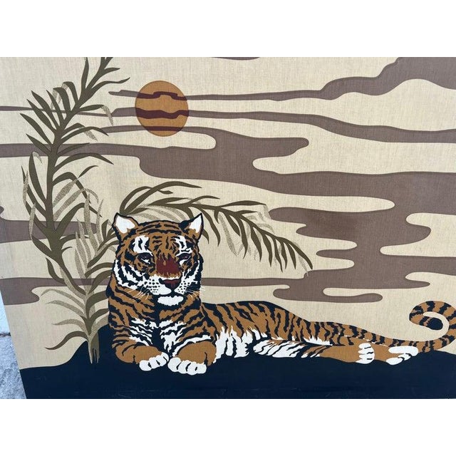 The 1977 Domus Textiles hand-printed tiger art designed by Joan Spatrizano. This is a highly sought-after, rare piece of...