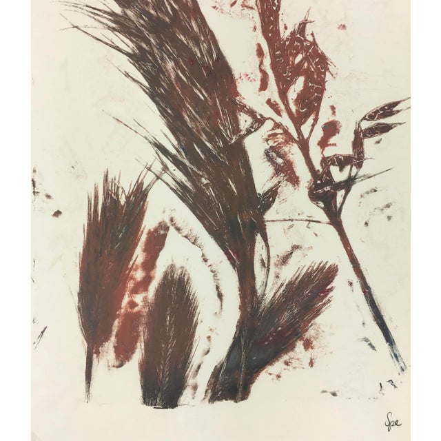 Modern abstract painting of grass and leaves by artist Spe, 2013. Signed lower right. Original artwork on paper displayed...