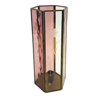 Tall Etched Glass and Brass Candle Holder For Sale