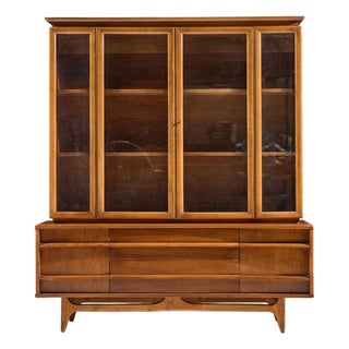 Young Manufacturing Mid Century Walnut Curved Credenza and Hutch For Sale