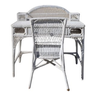 White Woven Wicker Writing Desk and Matching Side Chair For Sale