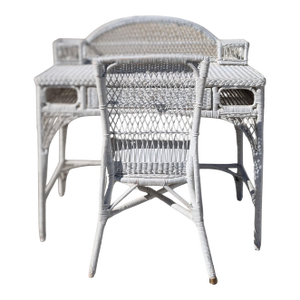 White Woven Wicker Writing Desk and Matching Side Chair