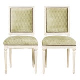 Antique French Louis XVI Style Painted Side Chairs W/ Green Geometric Velvet – A Pair For Sale