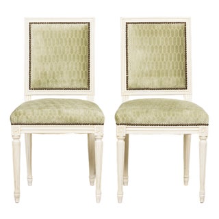 Antique French Louis XVI Style Painted Side Chairs W/ Green Geometric Velvet – A Pair For Sale