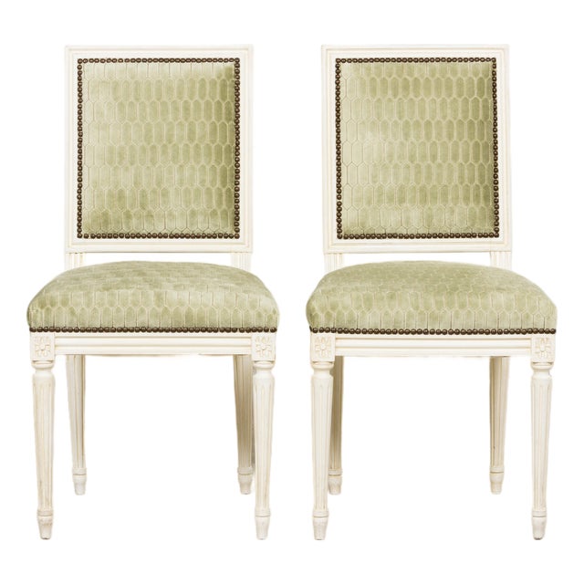 Antique French Louis XVI Style Painted Side Chairs W/ Green Geometric Velvet – A Pair For Sale
