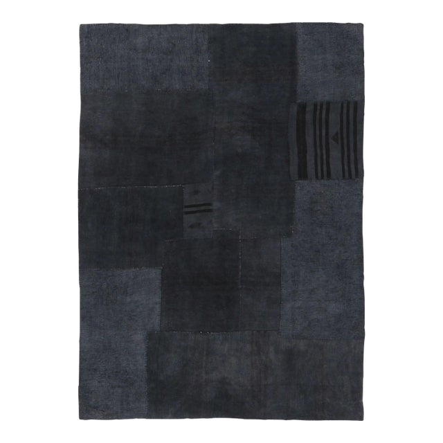Vintage Turkish Rug With Blue and Black Patchwork Geometry - Rug & Kilim For Sale