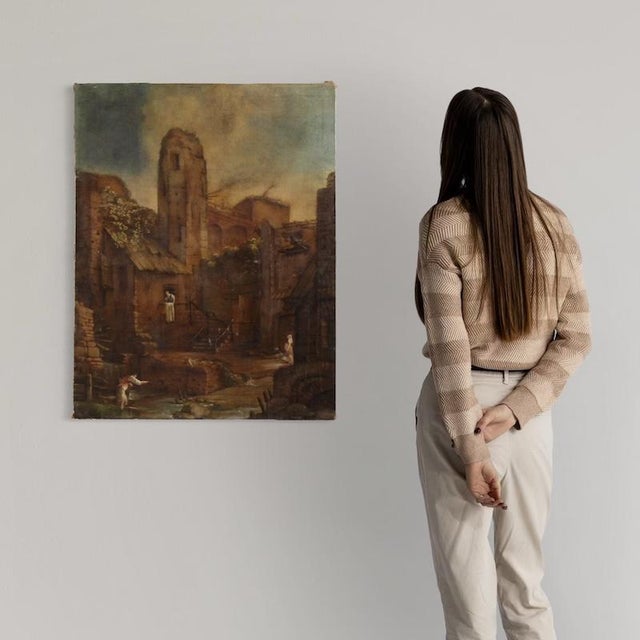 Antique Spanish painting from the late 18th century. Oil on canvas artwork depicting a landscape with architecture and...