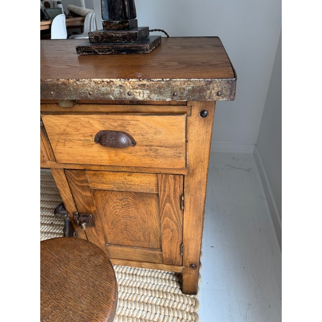 Vintage Industrial Desk With Integrated Swing-Out Stools For Sale - Image 9 of 18