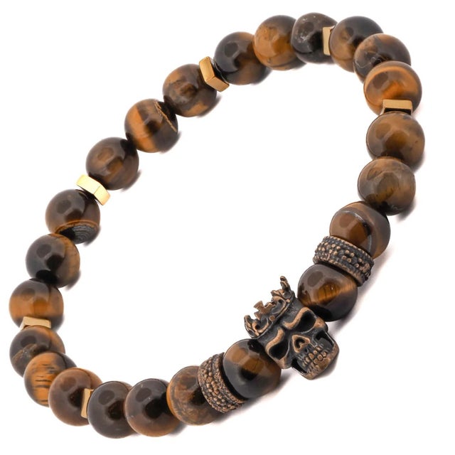 King Skull Tiger's Eye Stone Beaded Bracelet For Sale In Miami - Image 6 of 7