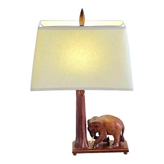 Vintage 1960s Thai Hand-Carved Teak Elephant Table Lamp For Sale