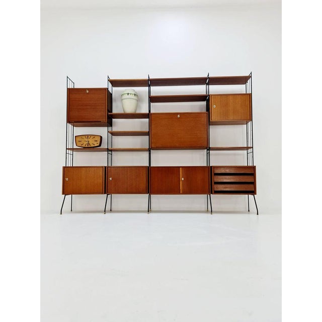 Freestanding String Shelf-System Unit Bookcase in Teak and Metal by Silverschild, 1950s For Sale - Image 3 of 12