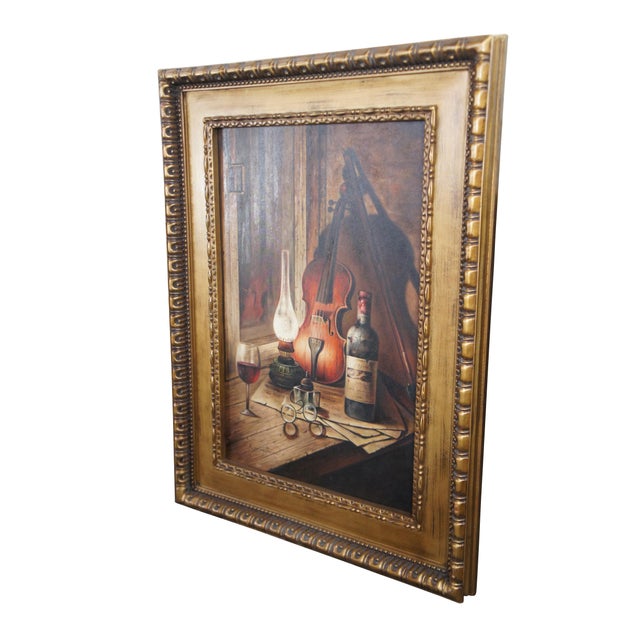 English Musician at Night Violin Wine Still Life Oil Painting on Canvas 47" For Sale - Image 3 of 10