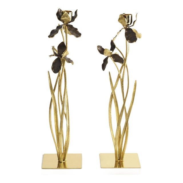 Candlesticks with Iris Design in Gilt Metal with Marble Bases, Set of 2 For Sale
