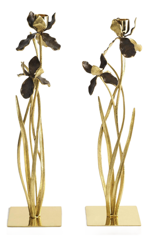 Candlesticks with Iris Design in Gilt Metal with Marble Bases, Set of 2
