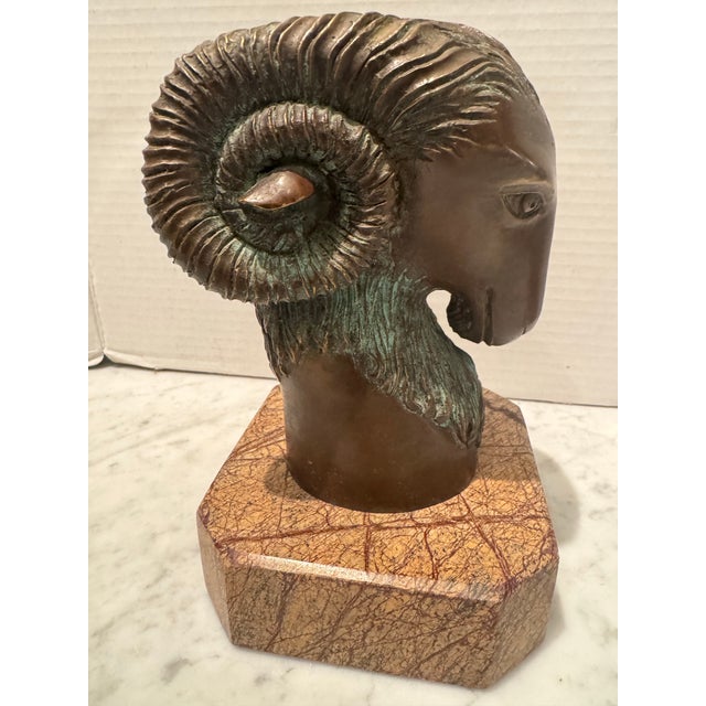Bronze Handsome Pair of Ram’s Head Bookends on Marble Plinths For Sale - Image 8 of 8