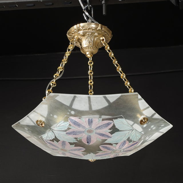 Art Deco Hexagonal Frosted & Pressed Glass Pendant W/ Floral Details Signed BHV For Sale - Image 12 of 18