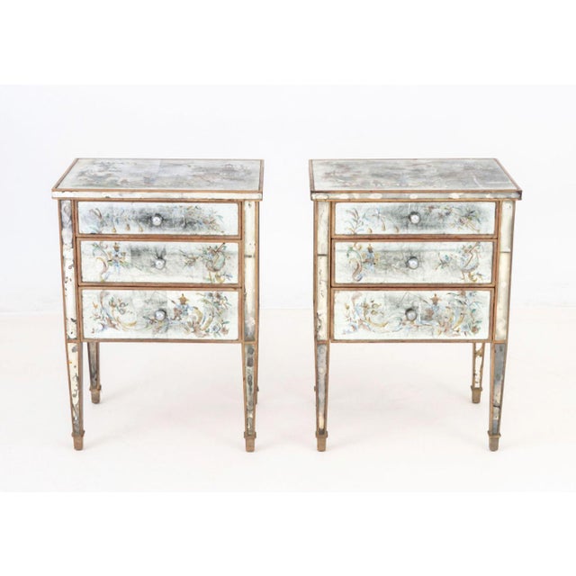 Pair of Chinoiserie Mirrored Chests of Three Drawers, Stiehl Furniture, New York label inside top drawer. 28.5" H x 20.75"...