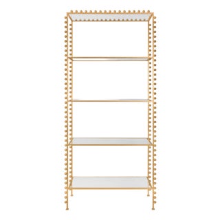 Matthew Izzo Home Goldie Ball Trimmed Gold Leaf Etagere With Five Clear Glass Open Shelves For Sale