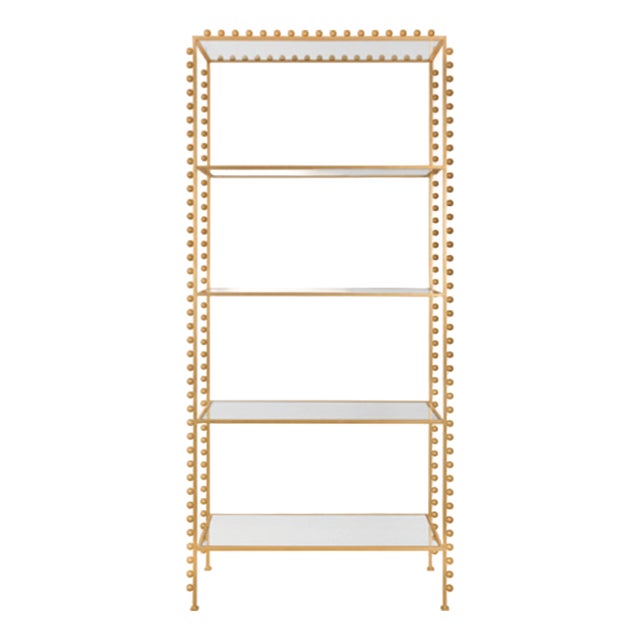 Matthew Izzo Home Goldie Ball Trimmed Gold Leaf Etagere With Five Clear Glass Open Shelves For Sale